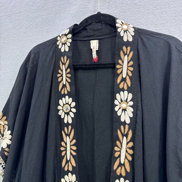 Anthropologie Raga Womens Black Floral Embroidered Open Front Cardigan Kimono Me - Picture 3 of 10